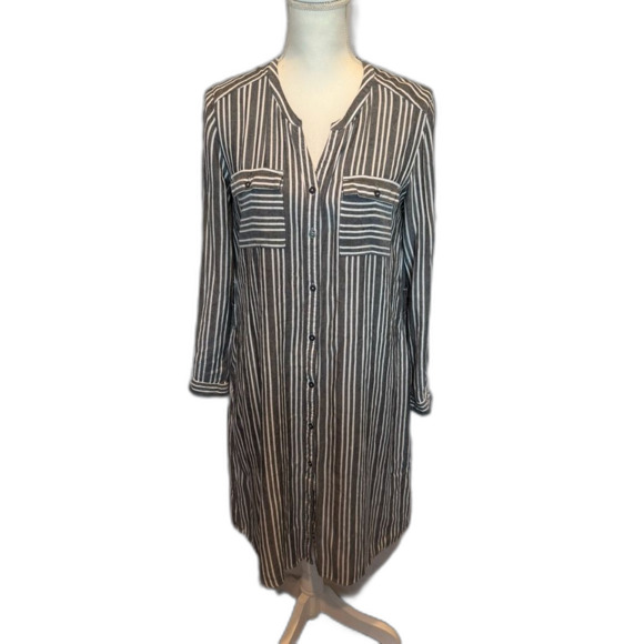 Downeast Shirt Dress Medium Button Front Charcoal White Stripe Pockets - Picture 2 of 8